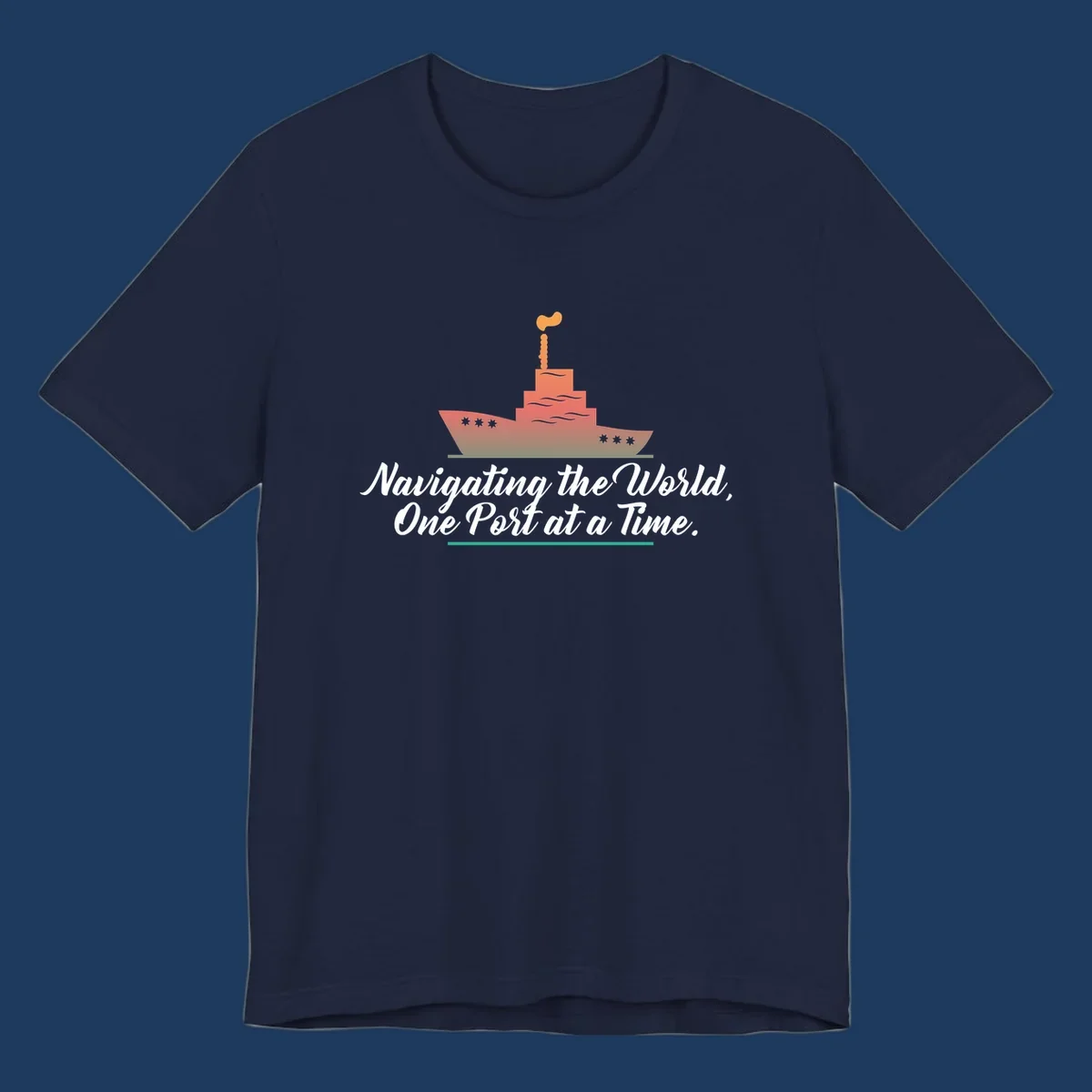 Illustration of a cargo ship with smokestacks above text reading 'Navigating the World, One Port at a Time' in white script