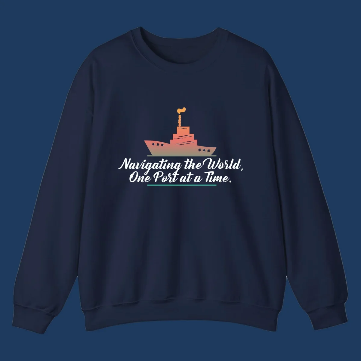 Illustration of a cargo ship with smokestacks above text reading 'Navigating the World, One Port at a Time' in white script