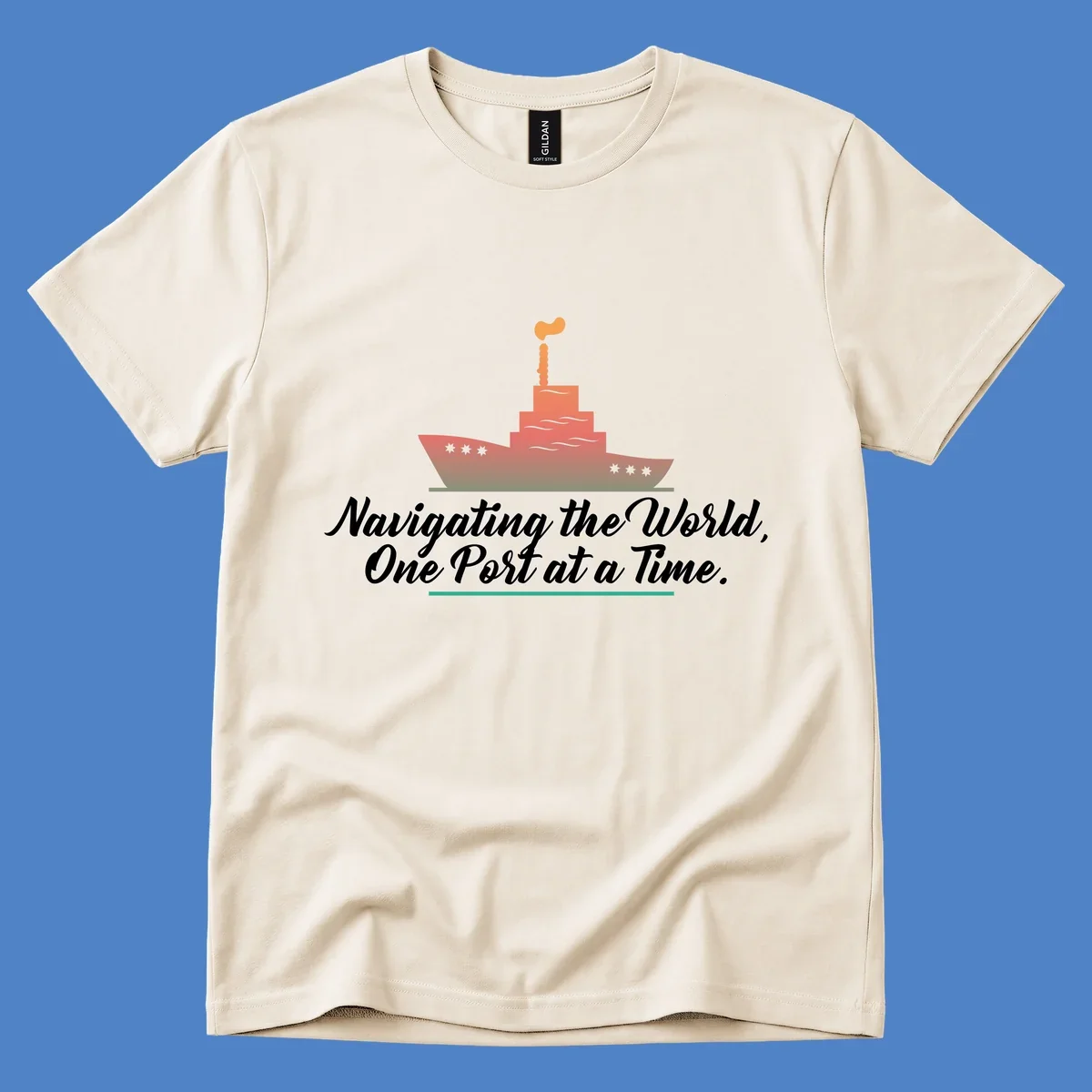 Illustration of a cargo ship with smokestacks above text reading 'Navigating the World, One Port at a Time' in white script