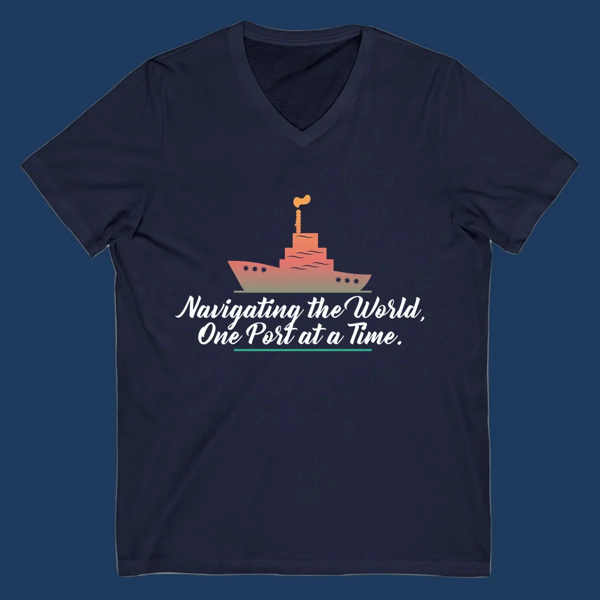 Illustration of a cargo ship with smokestacks above text reading 'Navigating the World, One Port at a Time' in white script