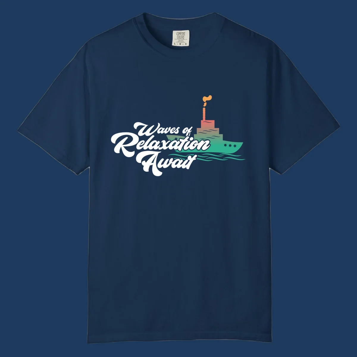 Waves of relaxation cruise ship design with stylized text and colorful ocean liner illustration on gray background