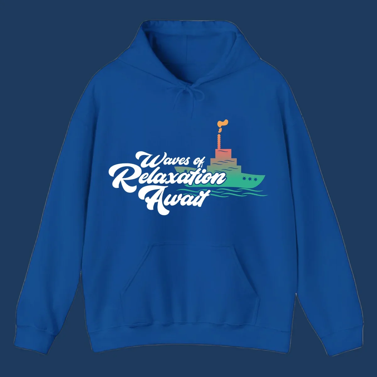 Waves of relaxation cruise ship design with stylized text and colorful ocean liner illustration on gray background