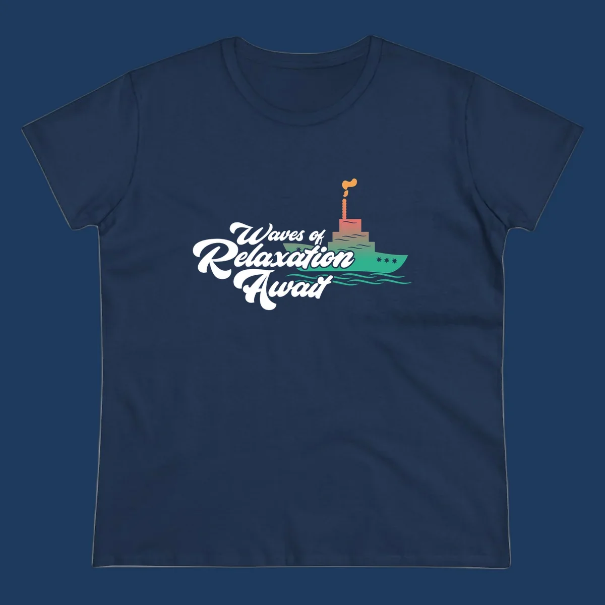 Waves of relaxation cruise ship design with stylized text and colorful ocean liner illustration on gray background