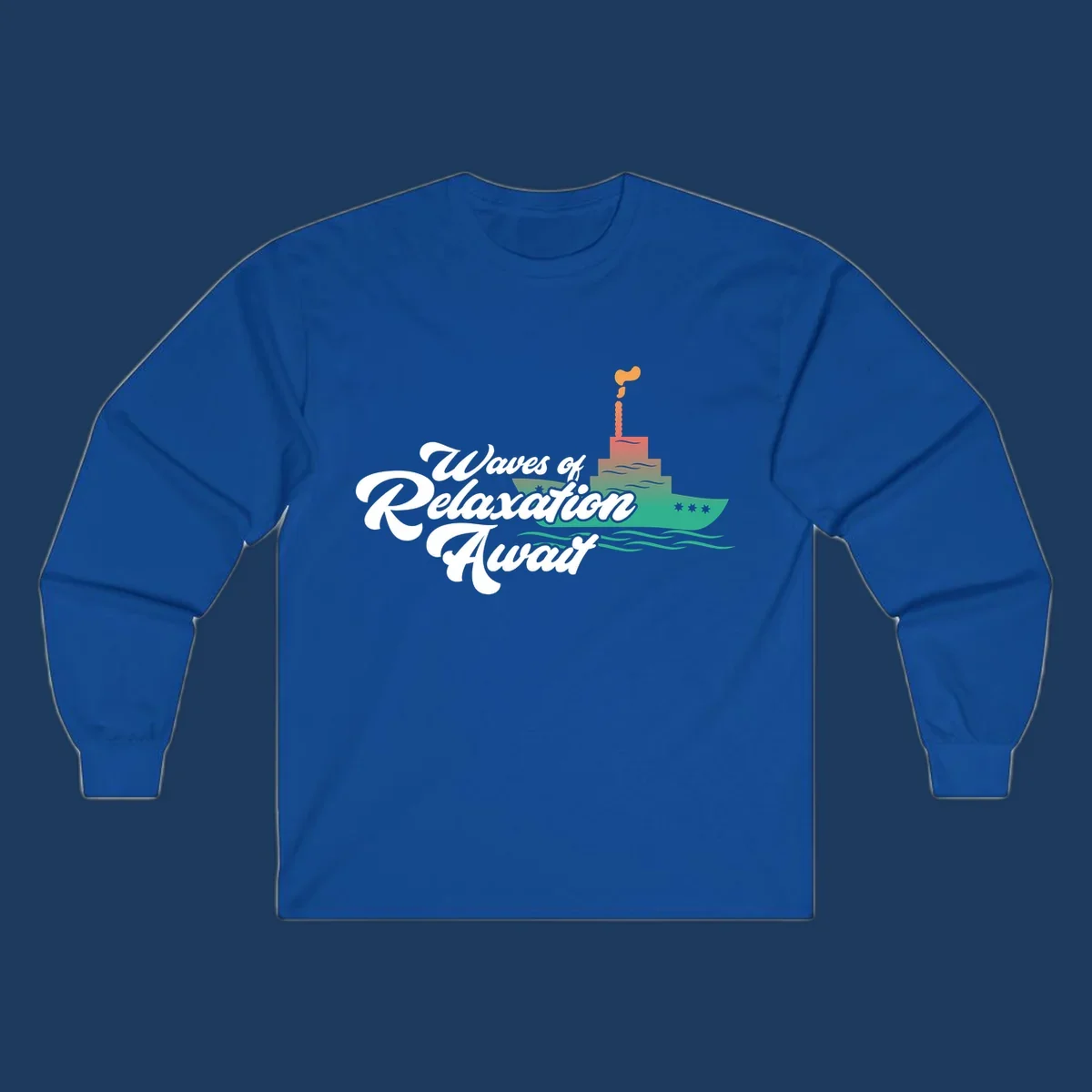 Waves of relaxation cruise ship design with stylized text and colorful ocean liner illustration on gray background