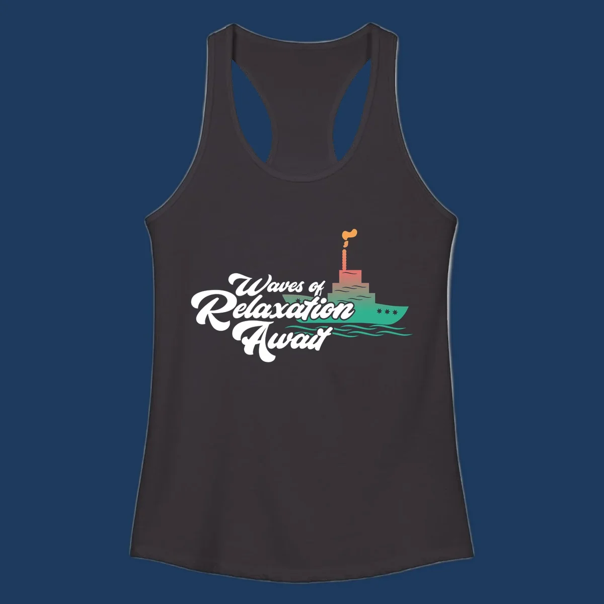 Waves of relaxation cruise ship design with stylized text and colorful ocean liner illustration on gray background