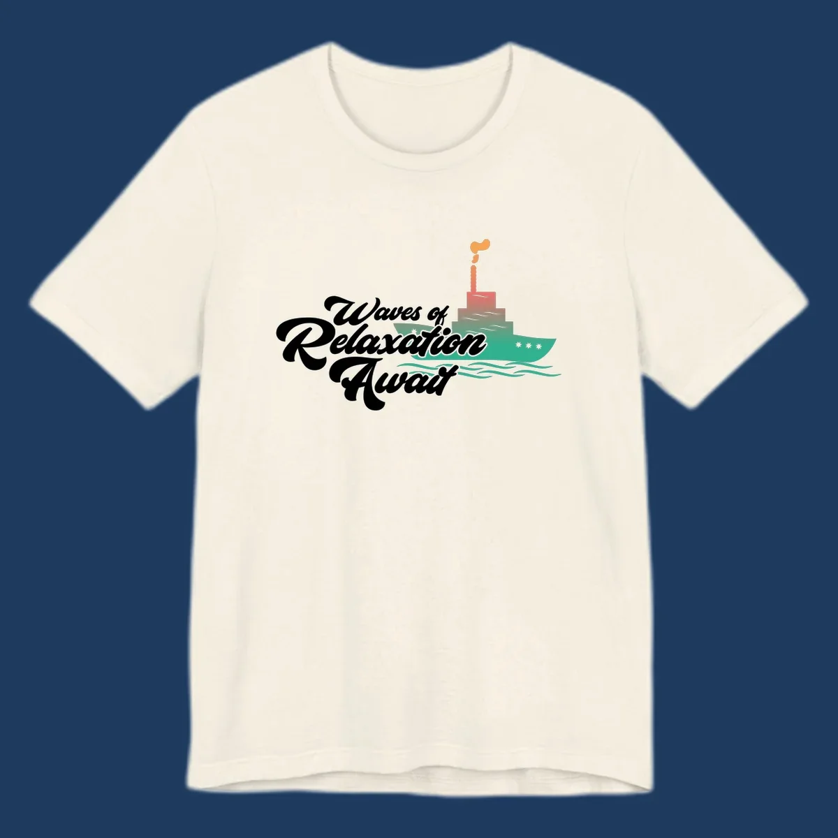 Waves of relaxation cruise ship design with stylized text and colorful ocean liner illustration on gray background