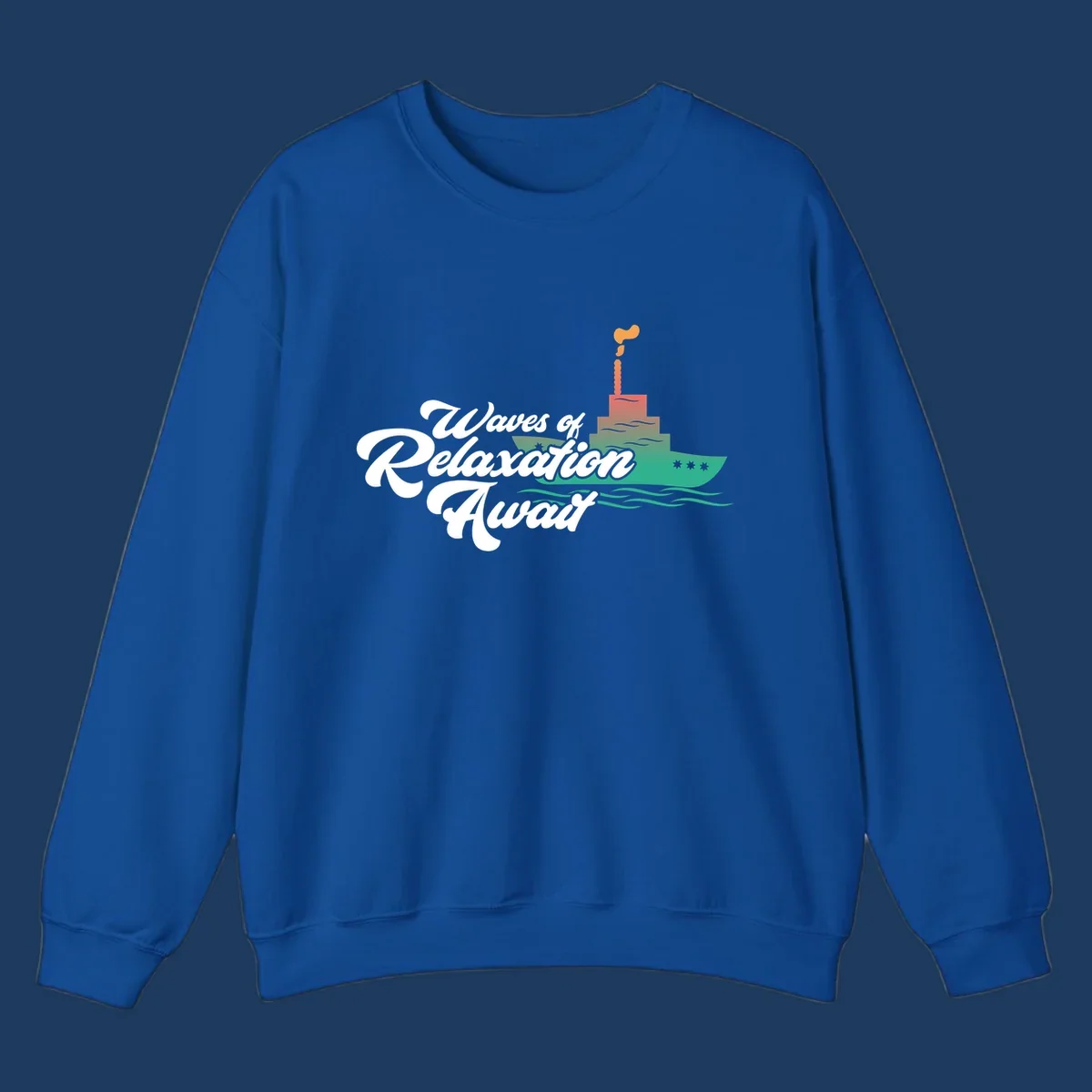 Waves of relaxation cruise ship design with stylized text and colorful ocean liner illustration on gray background
