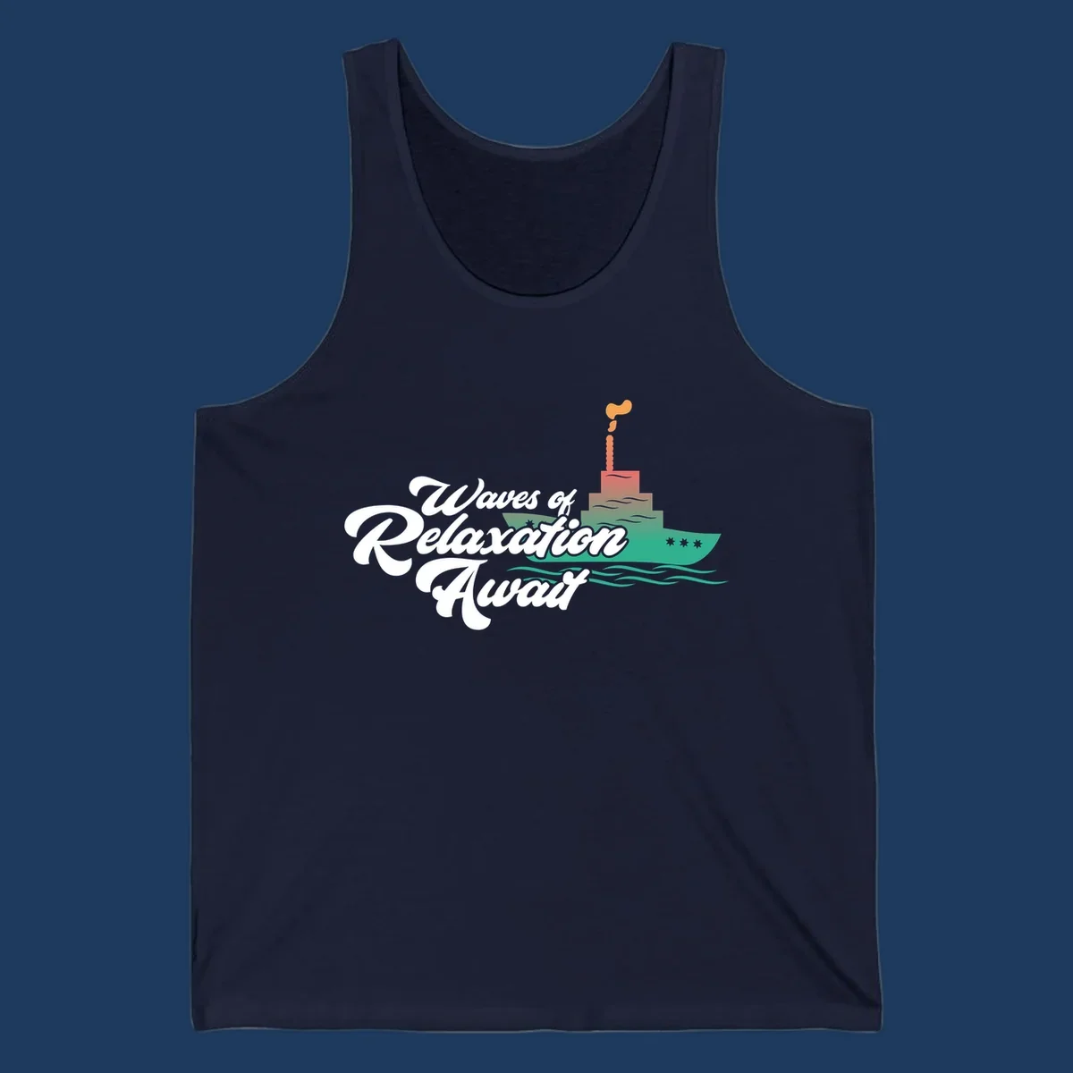 Waves of relaxation cruise ship design with stylized text and colorful ocean liner illustration on gray background