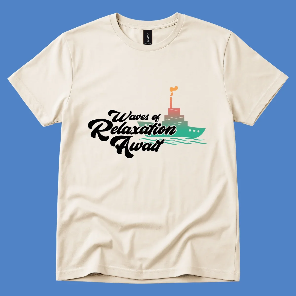 Waves of relaxation cruise ship design with stylized text and colorful ocean liner illustration on gray background