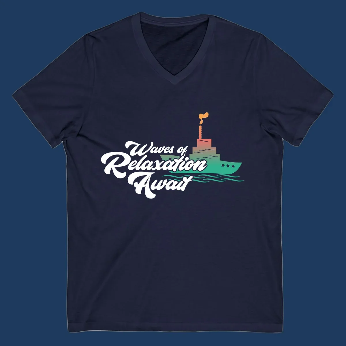 Waves of relaxation cruise ship design with stylized text and colorful ocean liner illustration on gray background
