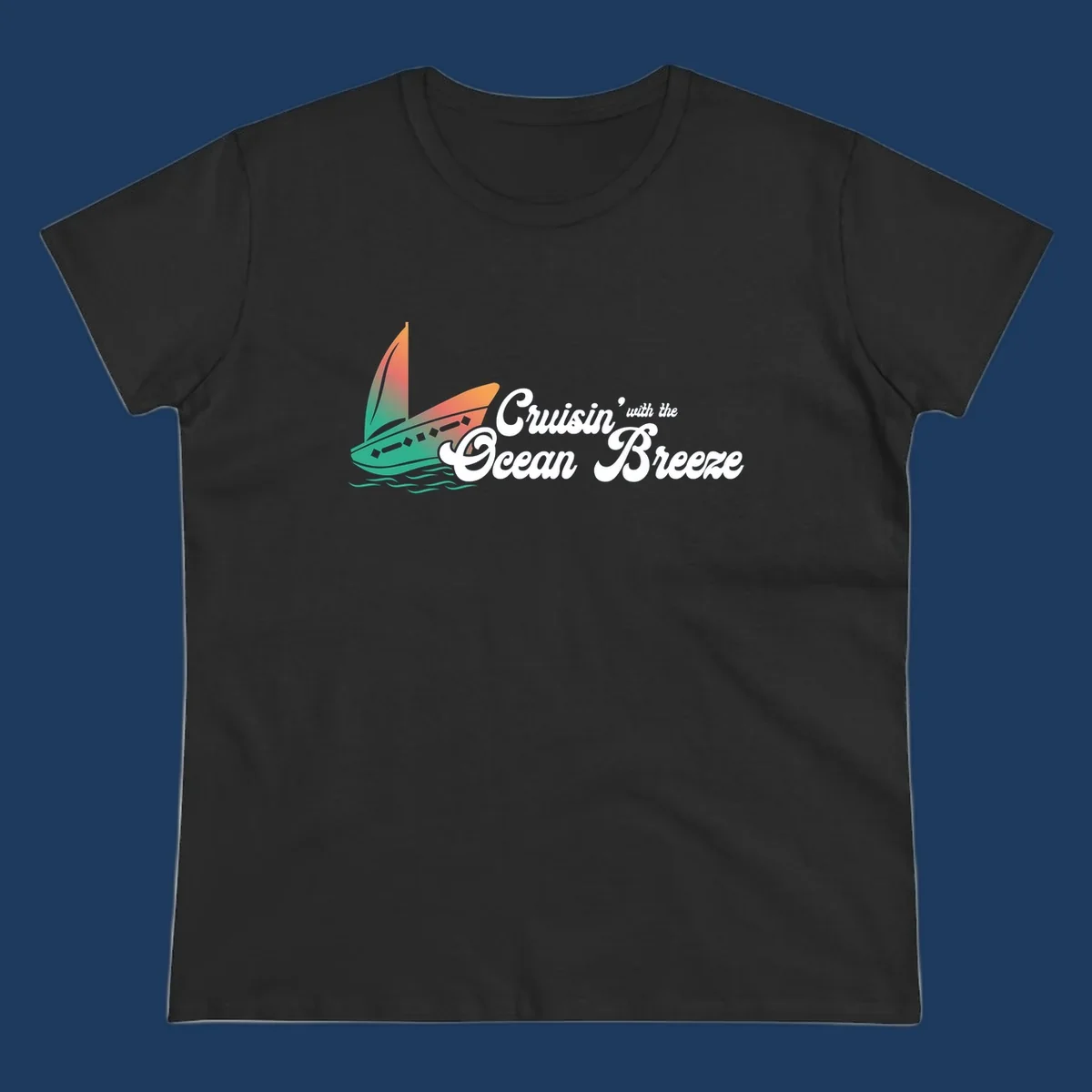 Sailboat with gradient orange-to-green sail on ocean waves with 'Cruisin' with the Ocean Breeze' text in white script