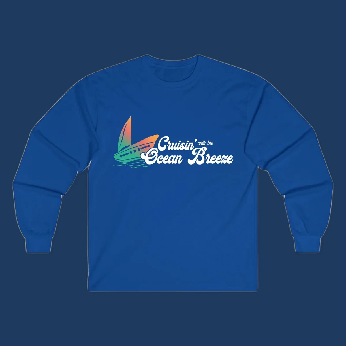 Sailboat with gradient orange-to-green sail on ocean waves with 'Cruisin' with the Ocean Breeze' text in white script