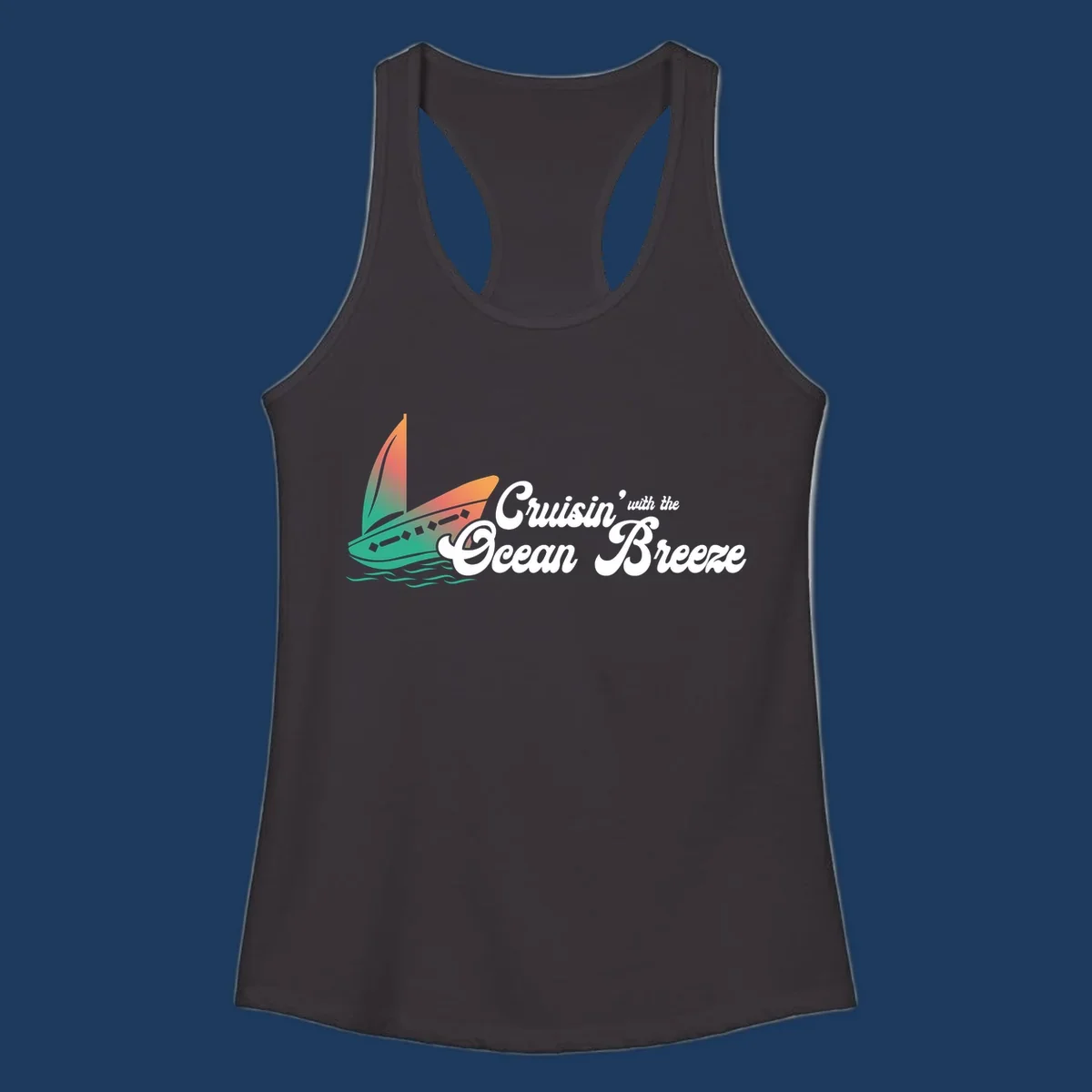 Sailboat with gradient orange-to-green sail on ocean waves with 'Cruisin' with the Ocean Breeze' text in white script