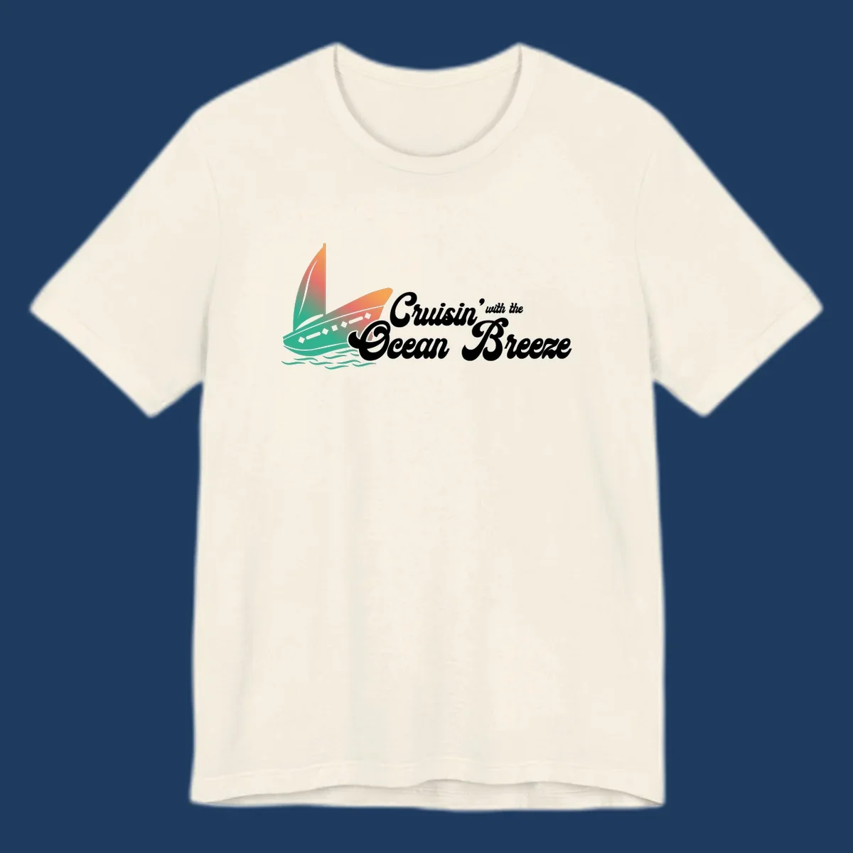 Sailboat with gradient orange-to-green sail on ocean waves with 'Cruisin' with the Ocean Breeze' text in white script