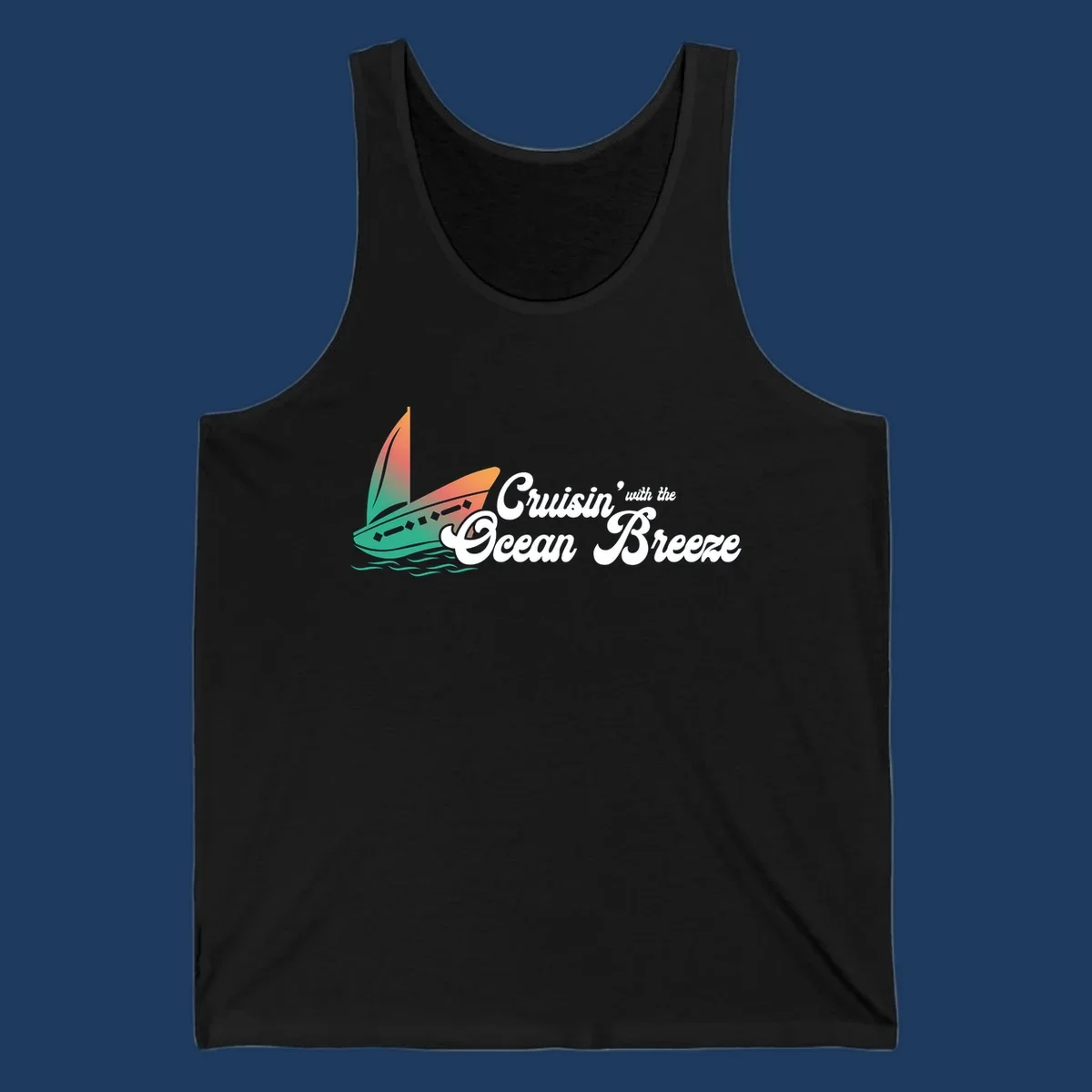 Sailboat with gradient orange-to-green sail on ocean waves with 'Cruisin' with the Ocean Breeze' text in white script