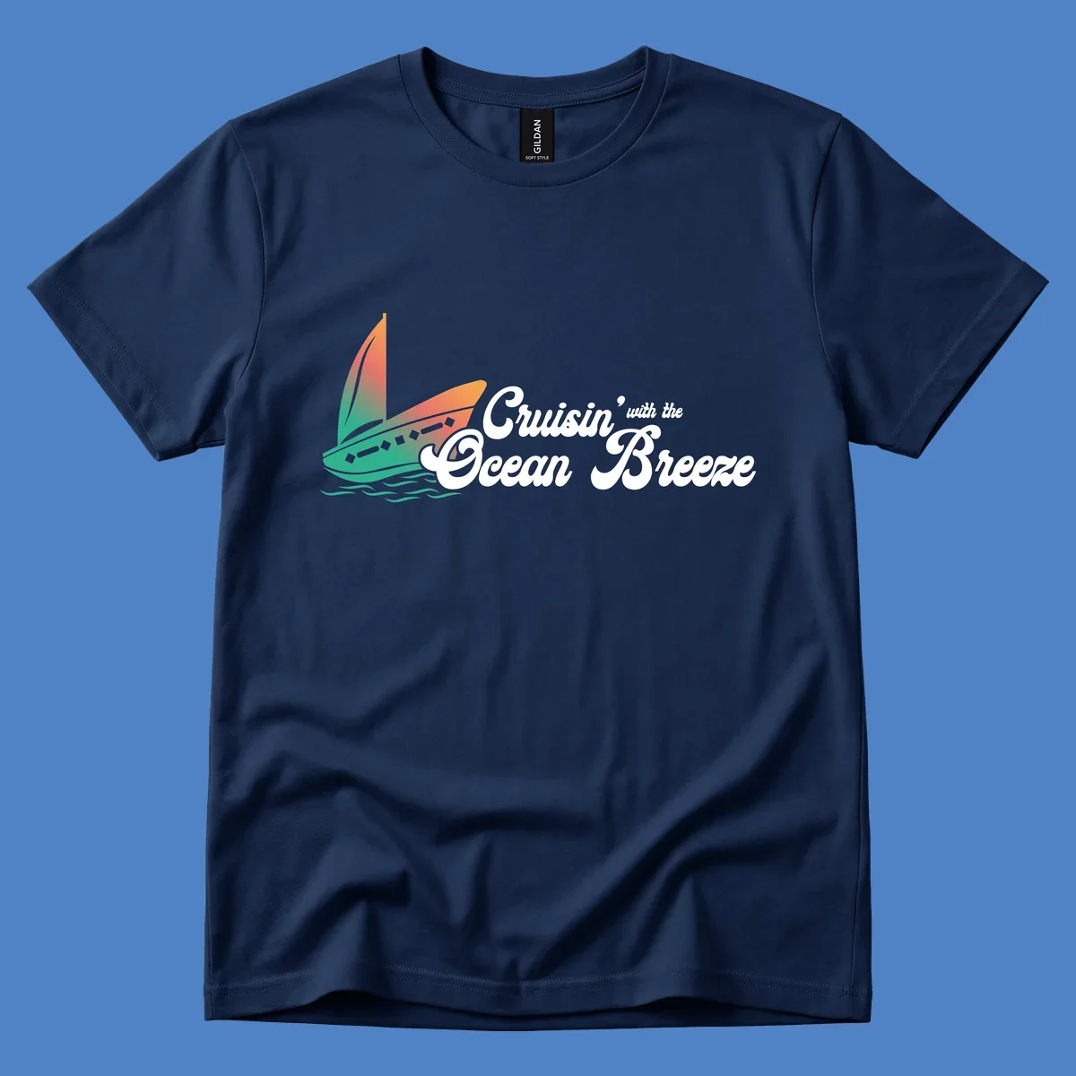 Sailboat with gradient orange-to-green sail on ocean waves with 'Cruisin' with the Ocean Breeze' text in white script