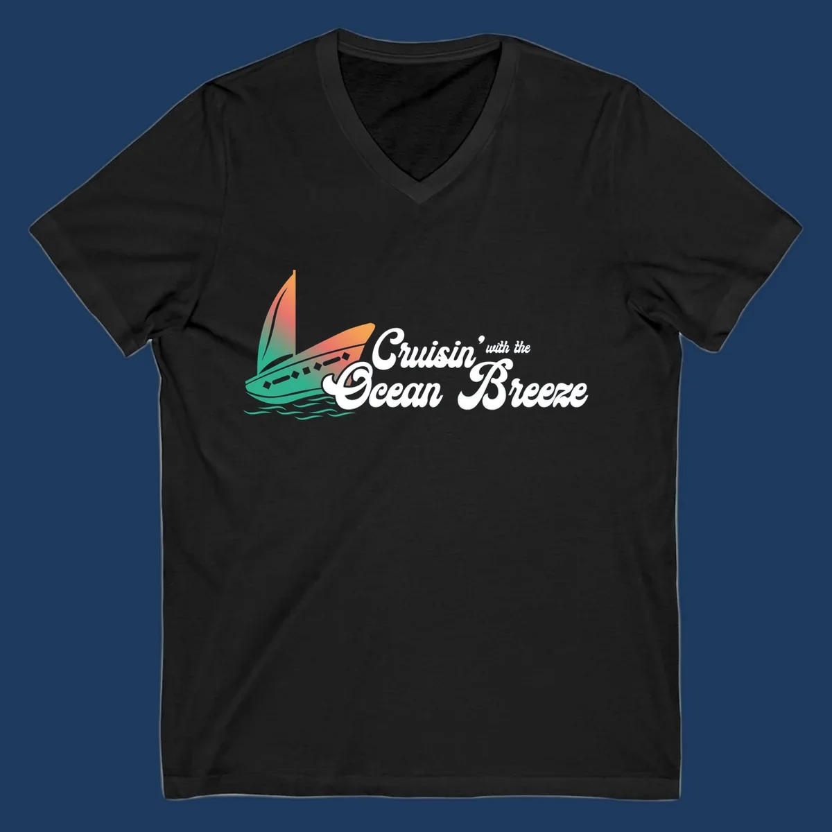 Sailboat with gradient orange-to-green sail on ocean waves with 'Cruisin' with the Ocean Breeze' text in white script