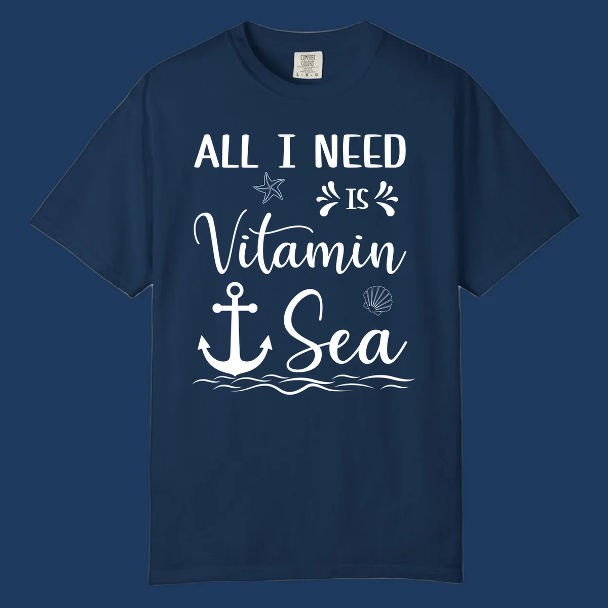 Vitamin sea cruise design with starfish, anchor, shell, and ocean waves on gray background