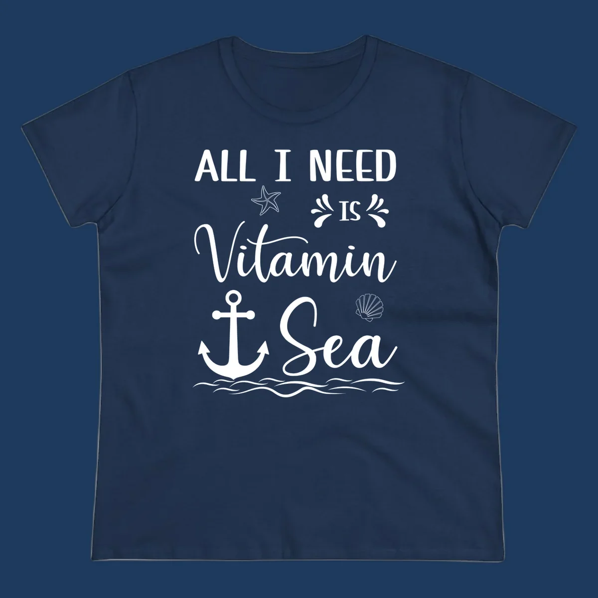 Vitamin sea cruise design with starfish, anchor, shell, and ocean waves on gray background