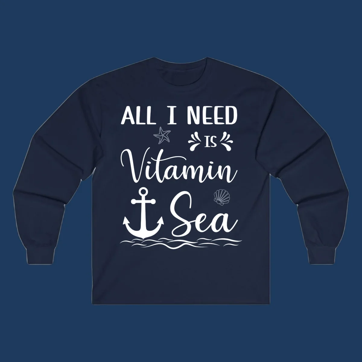 Vitamin sea cruise design with starfish, anchor, shell, and ocean waves on gray background