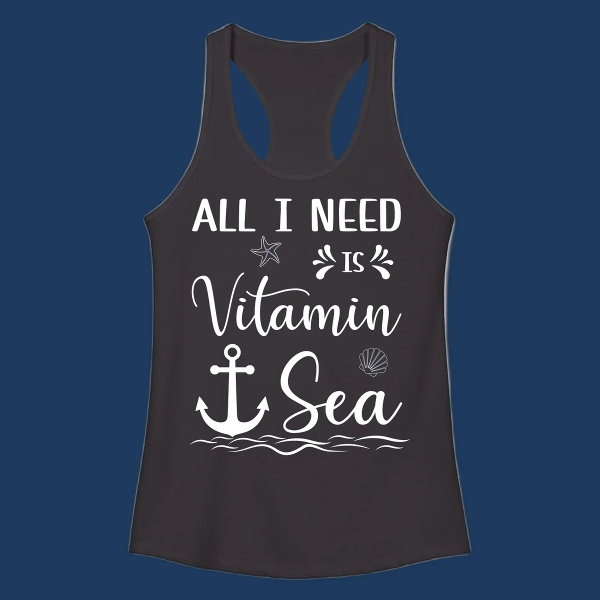 Vitamin sea cruise design with starfish, anchor, shell, and ocean waves on gray background