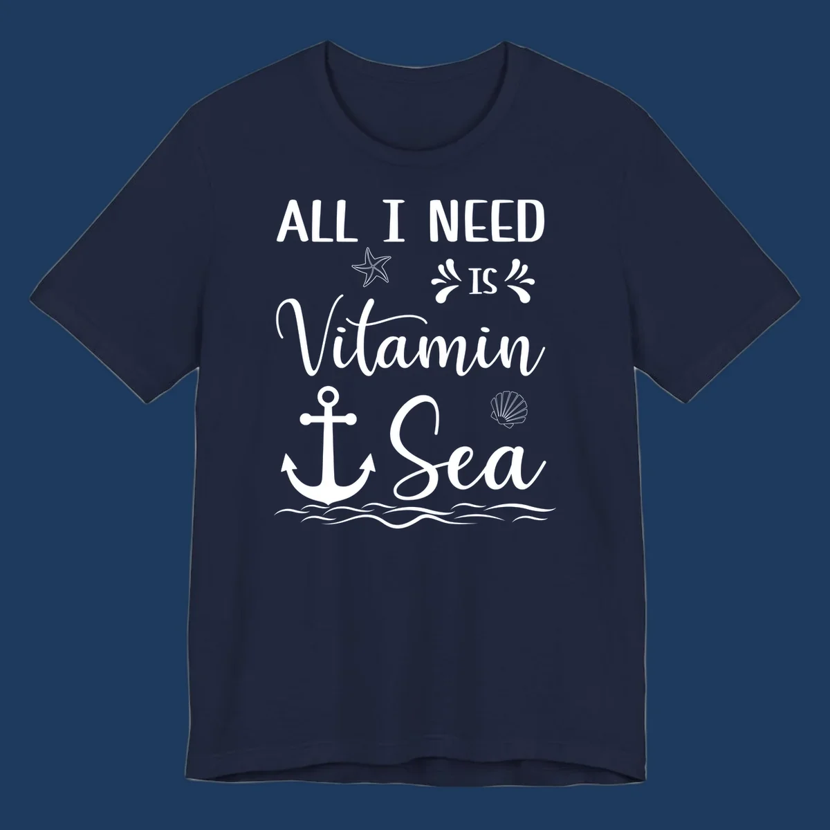 Vitamin sea cruise design with starfish, anchor, shell, and ocean waves on gray background