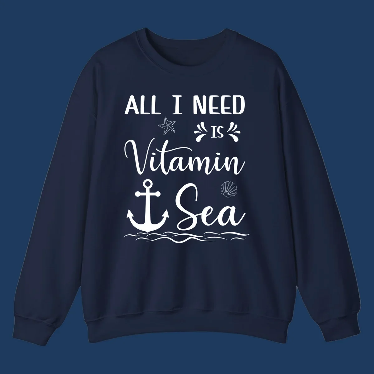 Vitamin sea cruise design with starfish, anchor, shell, and ocean waves on gray background