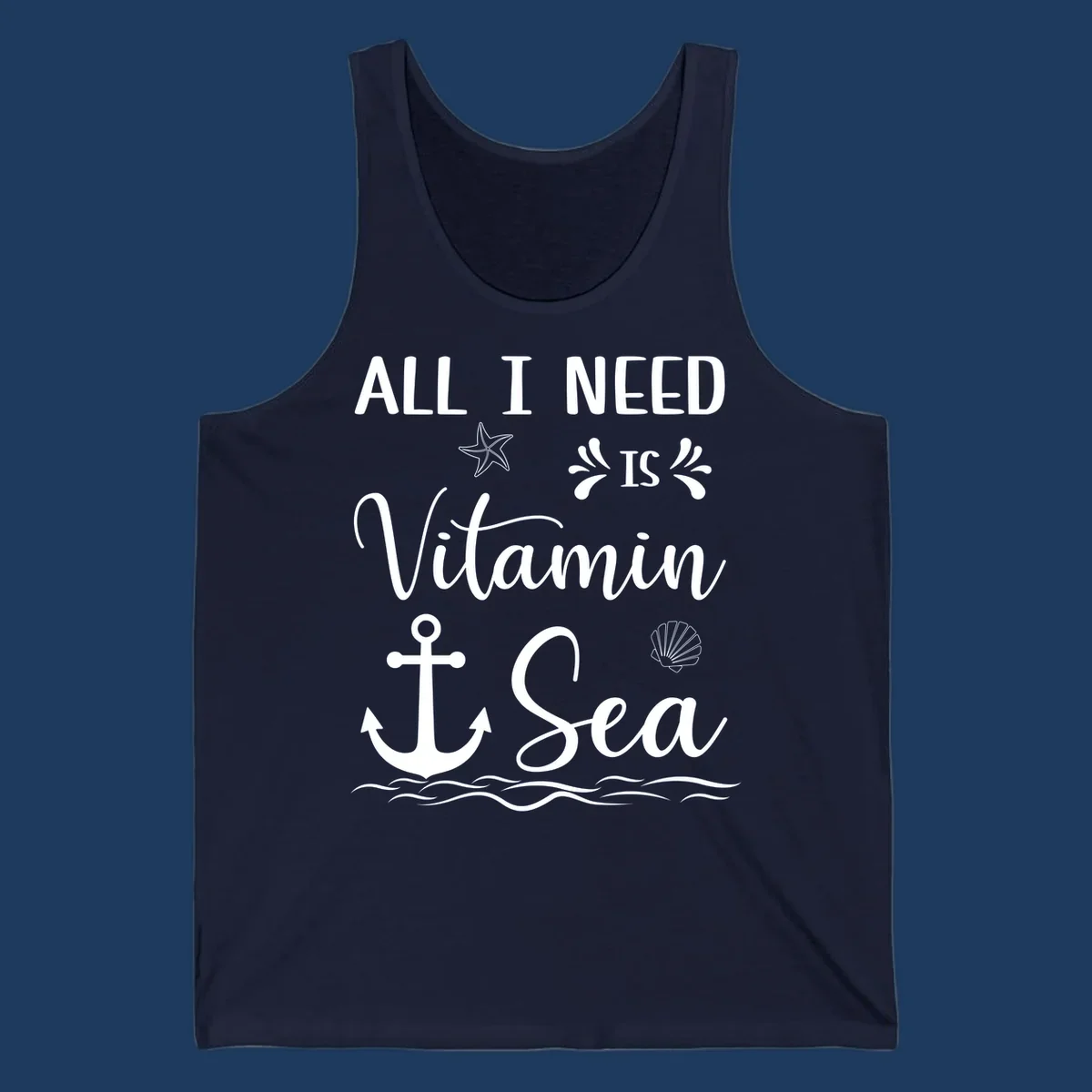 Vitamin sea cruise design with starfish, anchor, shell, and ocean waves on gray background