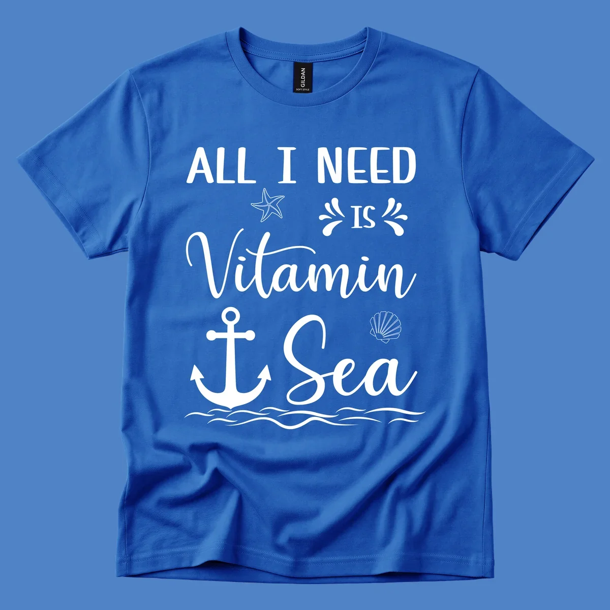 Vitamin sea cruise design with starfish, anchor, shell, and ocean waves on gray background