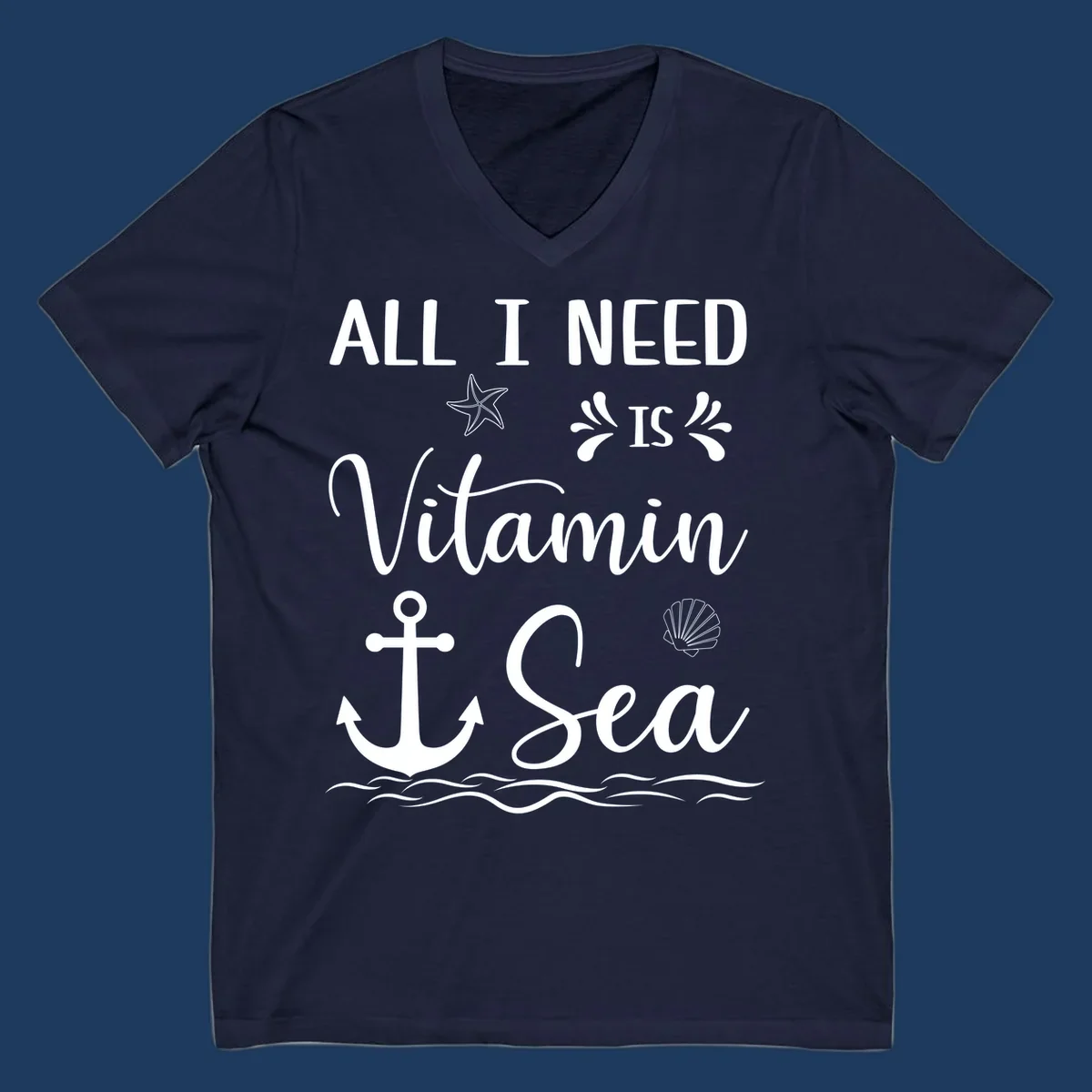 Vitamin sea cruise design with starfish, anchor, shell, and ocean waves on gray background