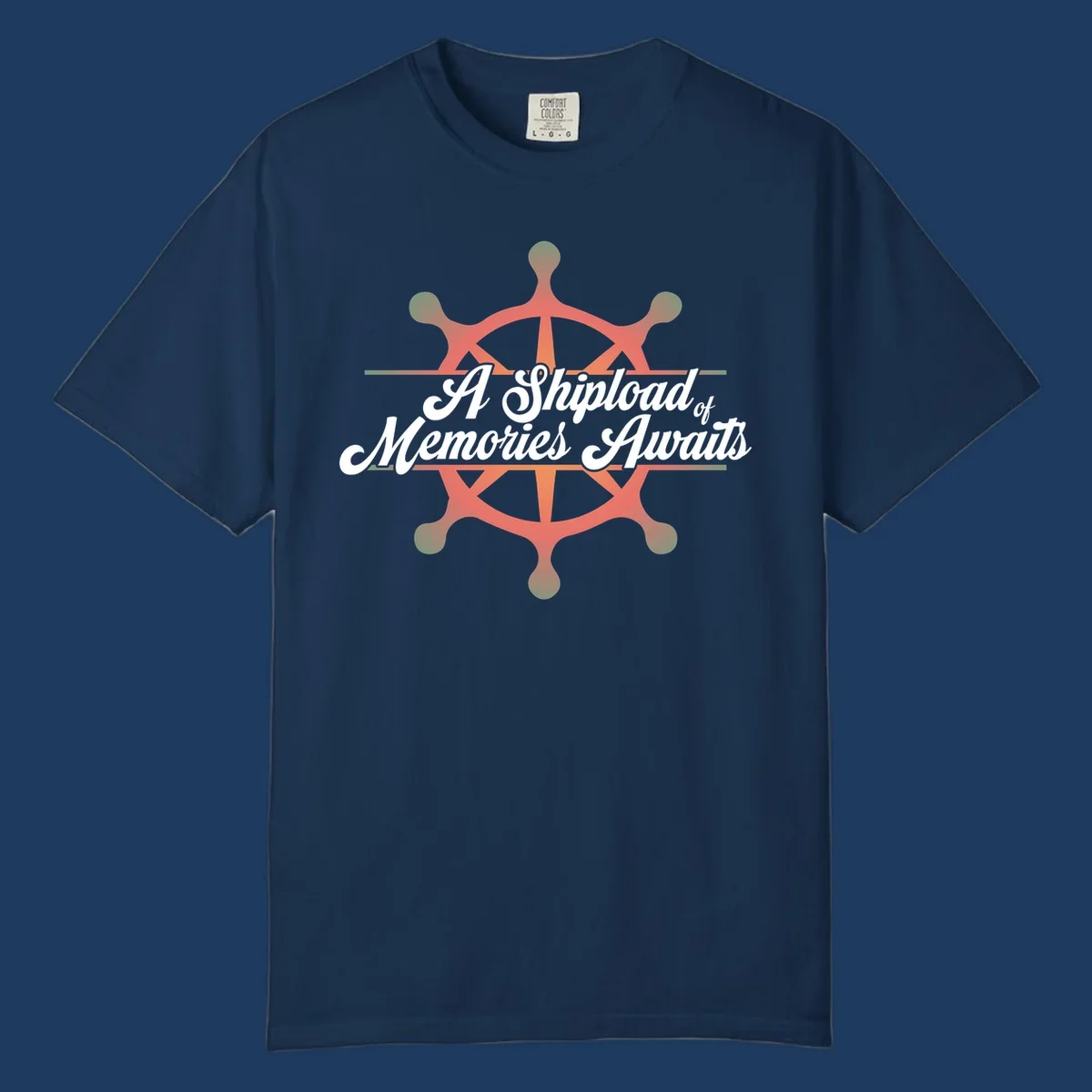 Coral ship's wheel with figures and white script text reading 'A Shipload of Memories Awaits' on gray background
