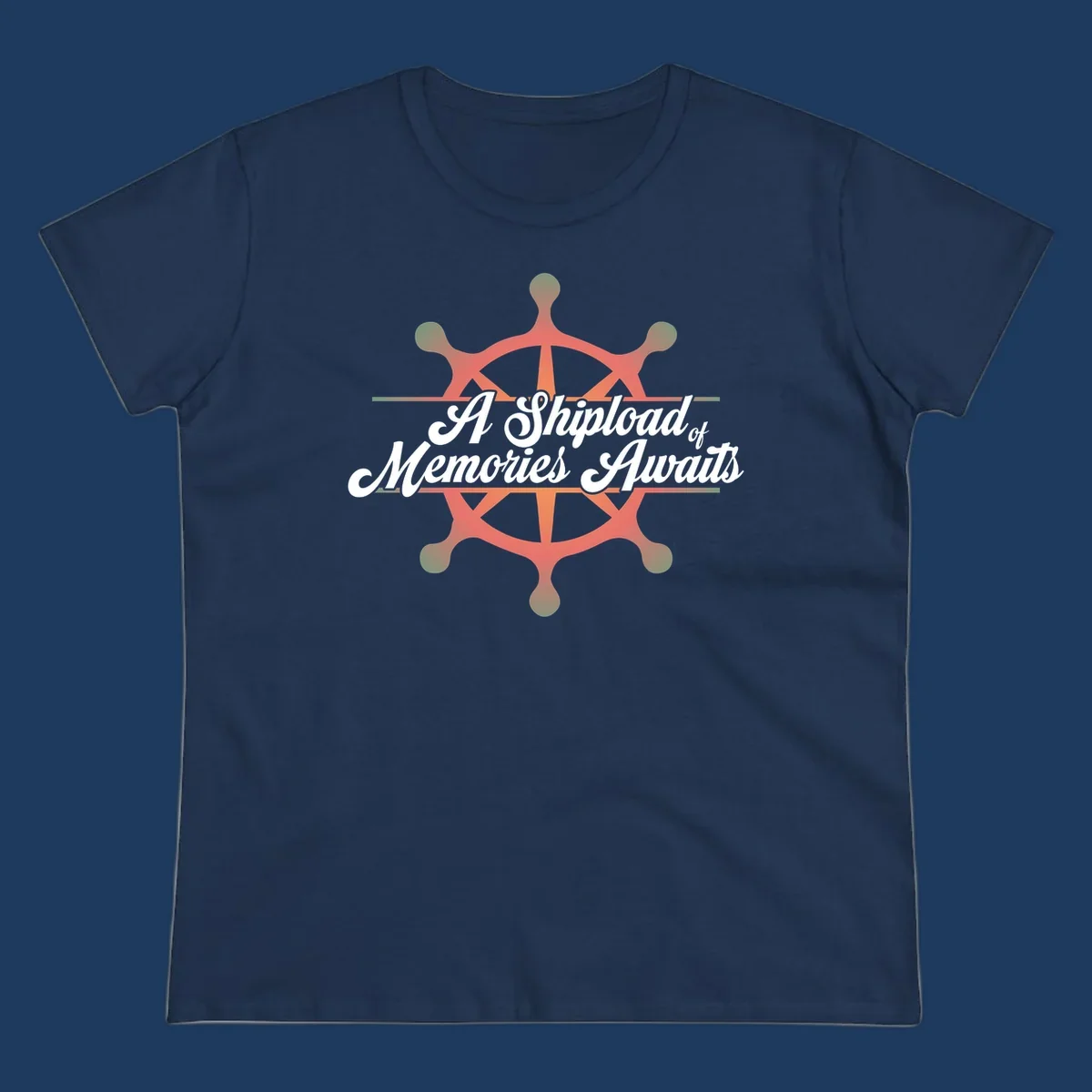 Coral ship's wheel with figures and white script text reading 'A Shipload of Memories Awaits' on gray background