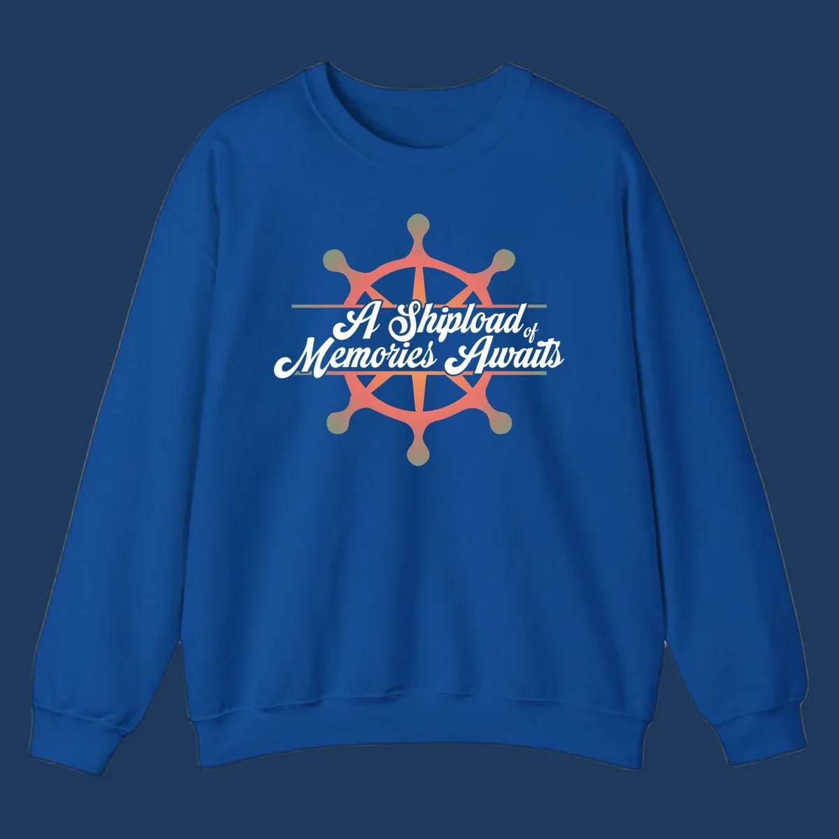 Coral ship's wheel with figures and white script text reading 'A Shipload of Memories Awaits' on gray background