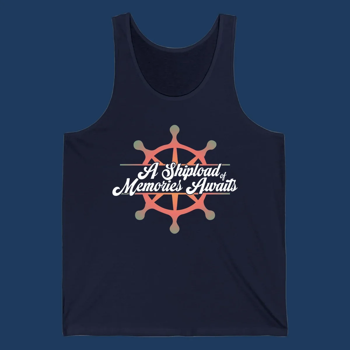Coral ship's wheel with figures and white script text reading 'A Shipload of Memories Awaits' on gray background