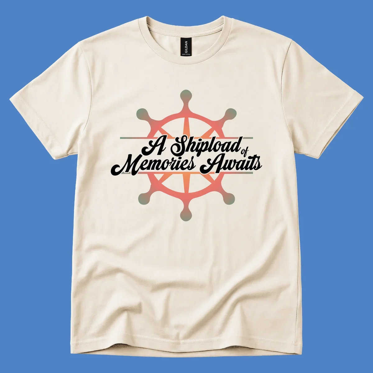 Coral ship's wheel with figures and white script text reading 'A Shipload of Memories Awaits' on gray background