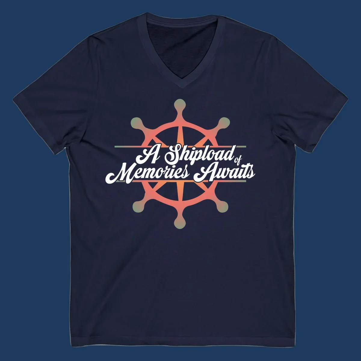Coral ship's wheel with figures and white script text reading 'A Shipload of Memories Awaits' on gray background