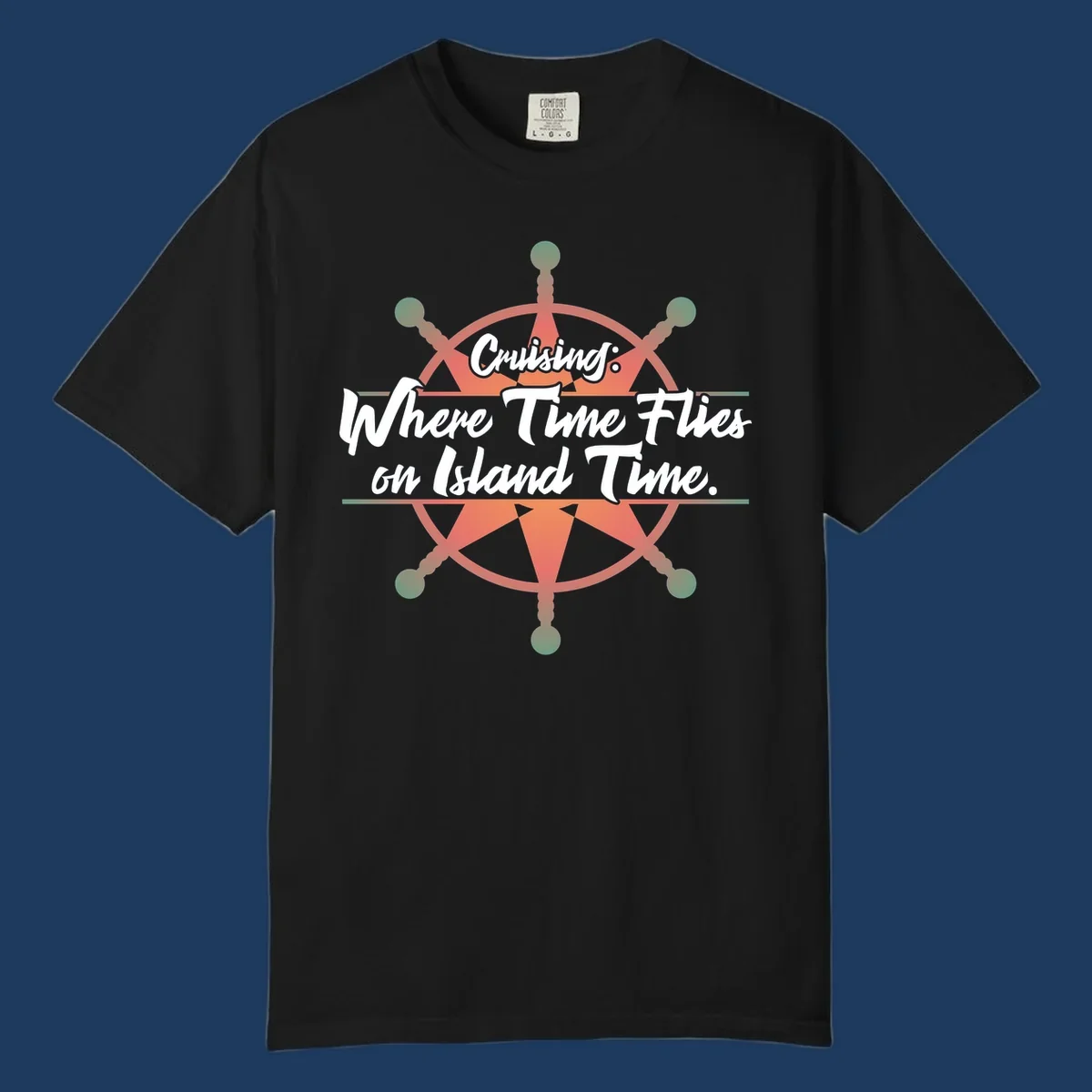 Coral ship's wheel with text 'Cruising: Where Time Flies on Island Time' celebrating the timeless vacation experience of cruise travel.