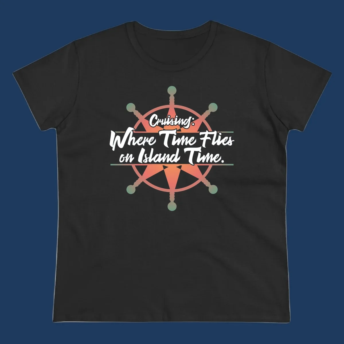 Coral ship's wheel with text 'Cruising: Where Time Flies on Island Time' celebrating the timeless vacation experience of cruise travel.
