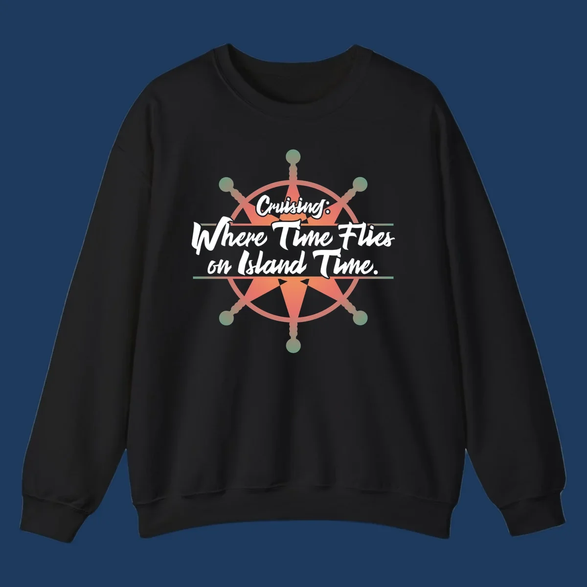 Coral ship's wheel with text 'Cruising: Where Time Flies on Island Time' celebrating the timeless vacation experience of cruise travel.