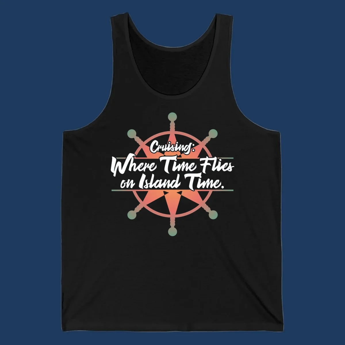 Coral ship's wheel with text 'Cruising: Where Time Flies on Island Time' celebrating the timeless vacation experience of cruise travel.