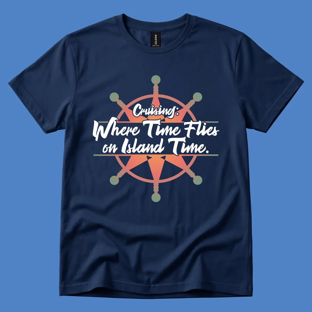 Coral ship's wheel with text 'Cruising: Where Time Flies on Island Time' celebrating the timeless vacation experience of cruise travel.
