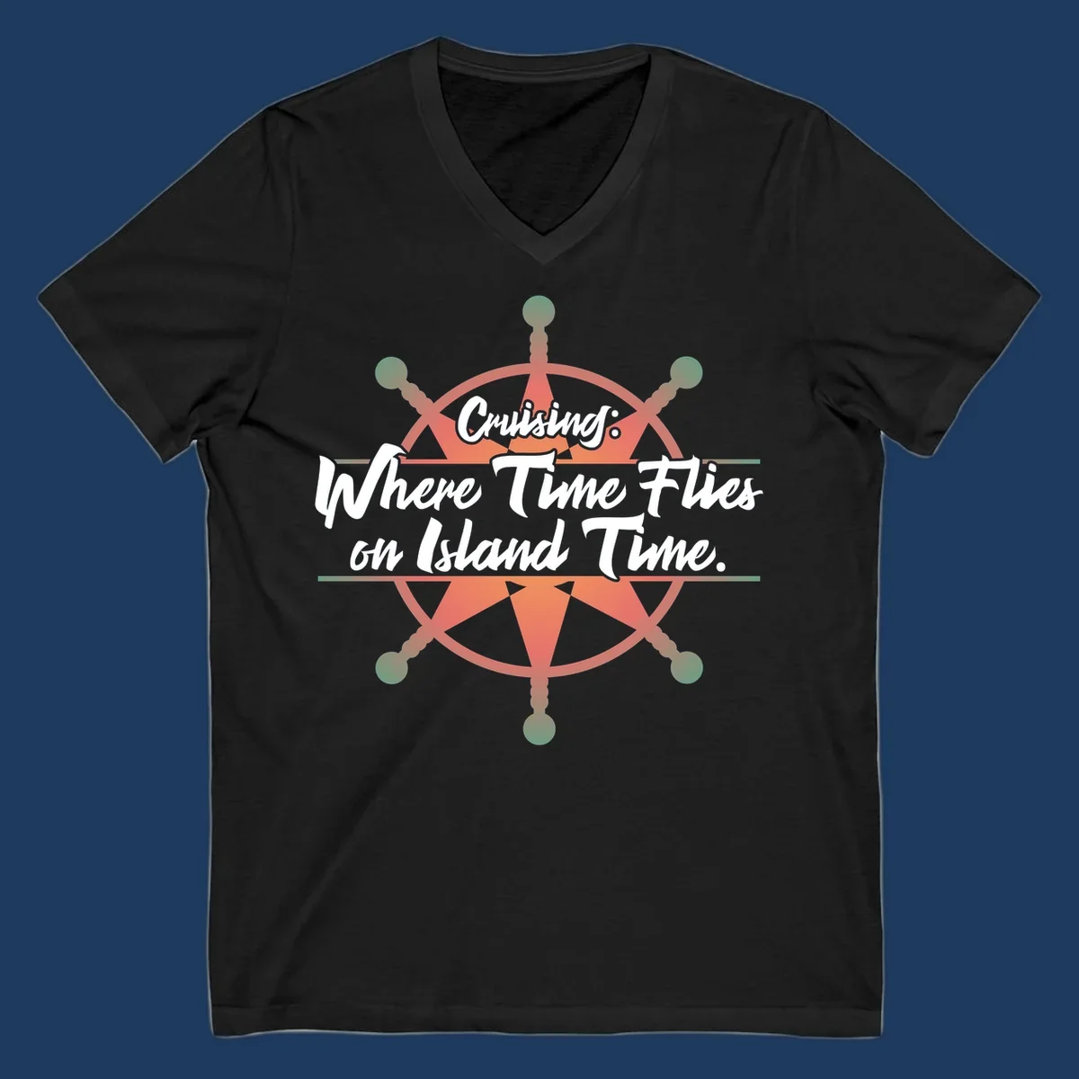 Coral ship's wheel with text 'Cruising: Where Time Flies on Island Time' celebrating the timeless vacation experience of cruise travel.