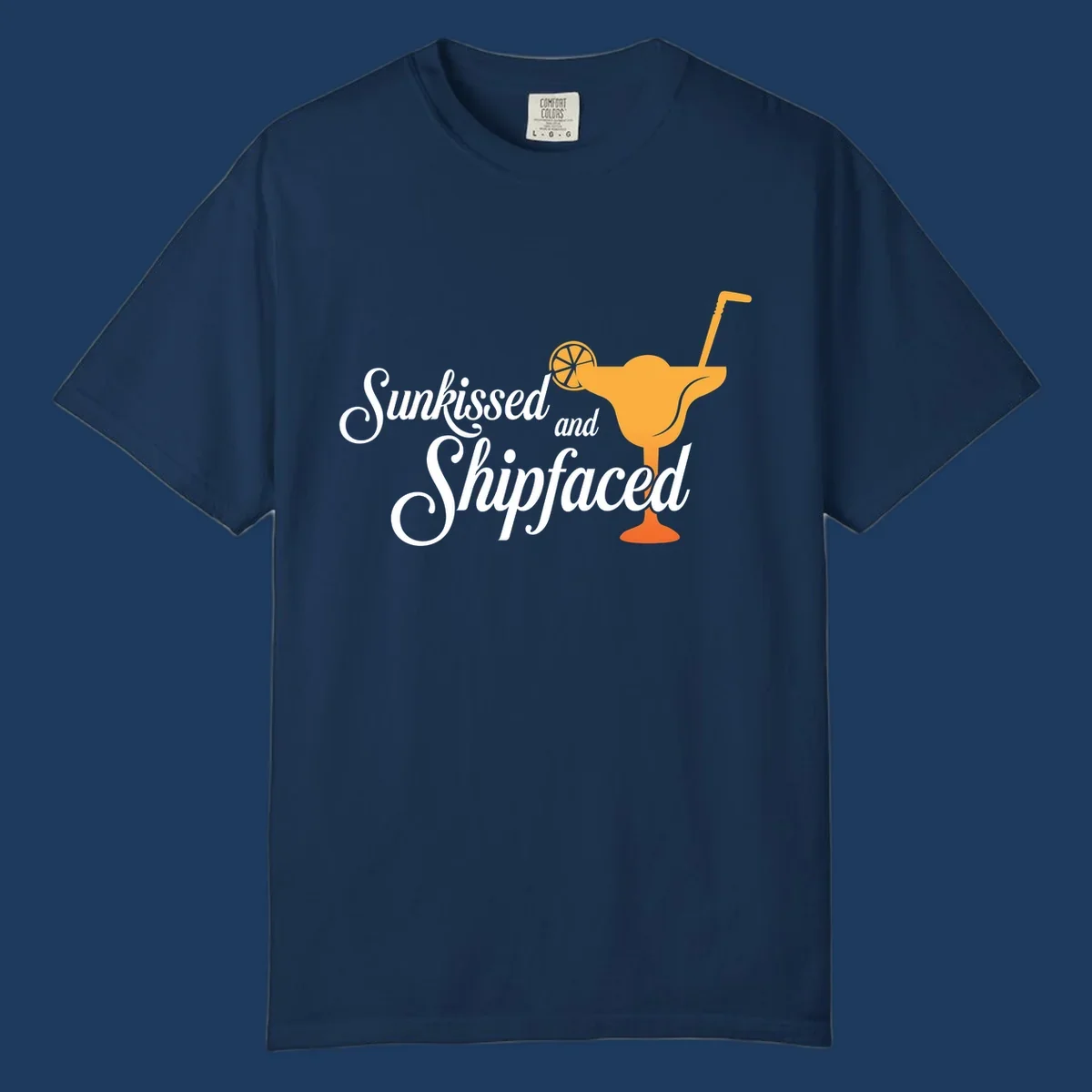 Sunkissed shipfaced cruise design with tropical cocktail illustration and script text on gray background