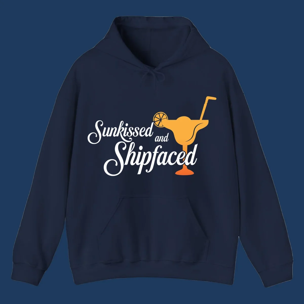 Sunkissed shipfaced cruise design with tropical cocktail illustration and script text on gray background