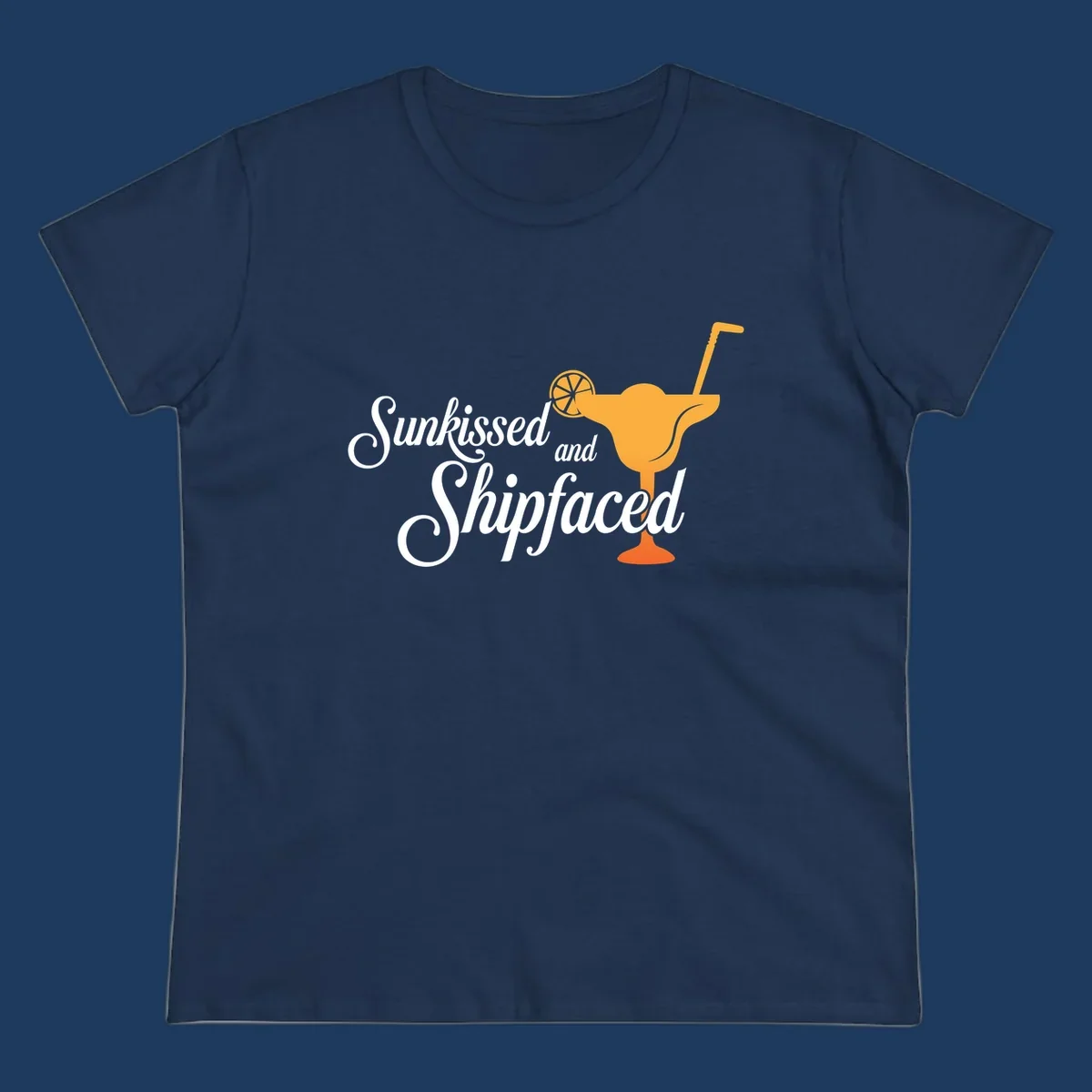 Sunkissed shipfaced cruise design with tropical cocktail illustration and script text on gray background