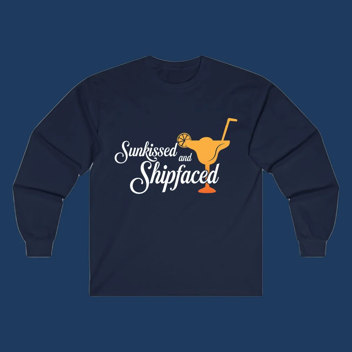 Sunkissed shipfaced cruise design with tropical cocktail illustration and script text on gray background