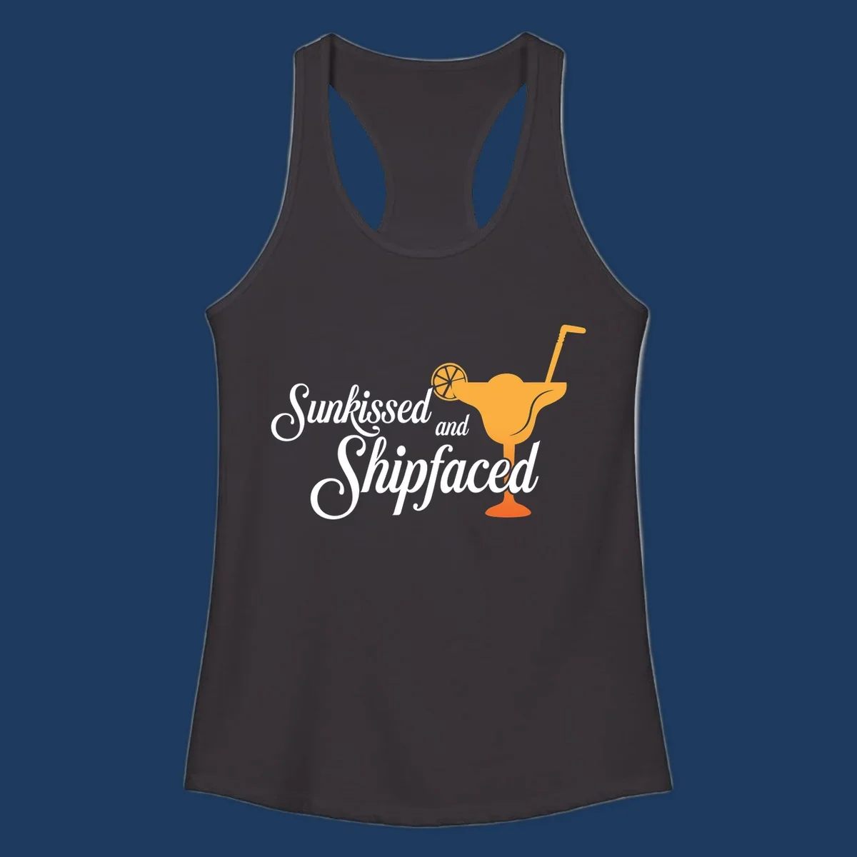 Sunkissed shipfaced cruise design with tropical cocktail illustration and script text on gray background