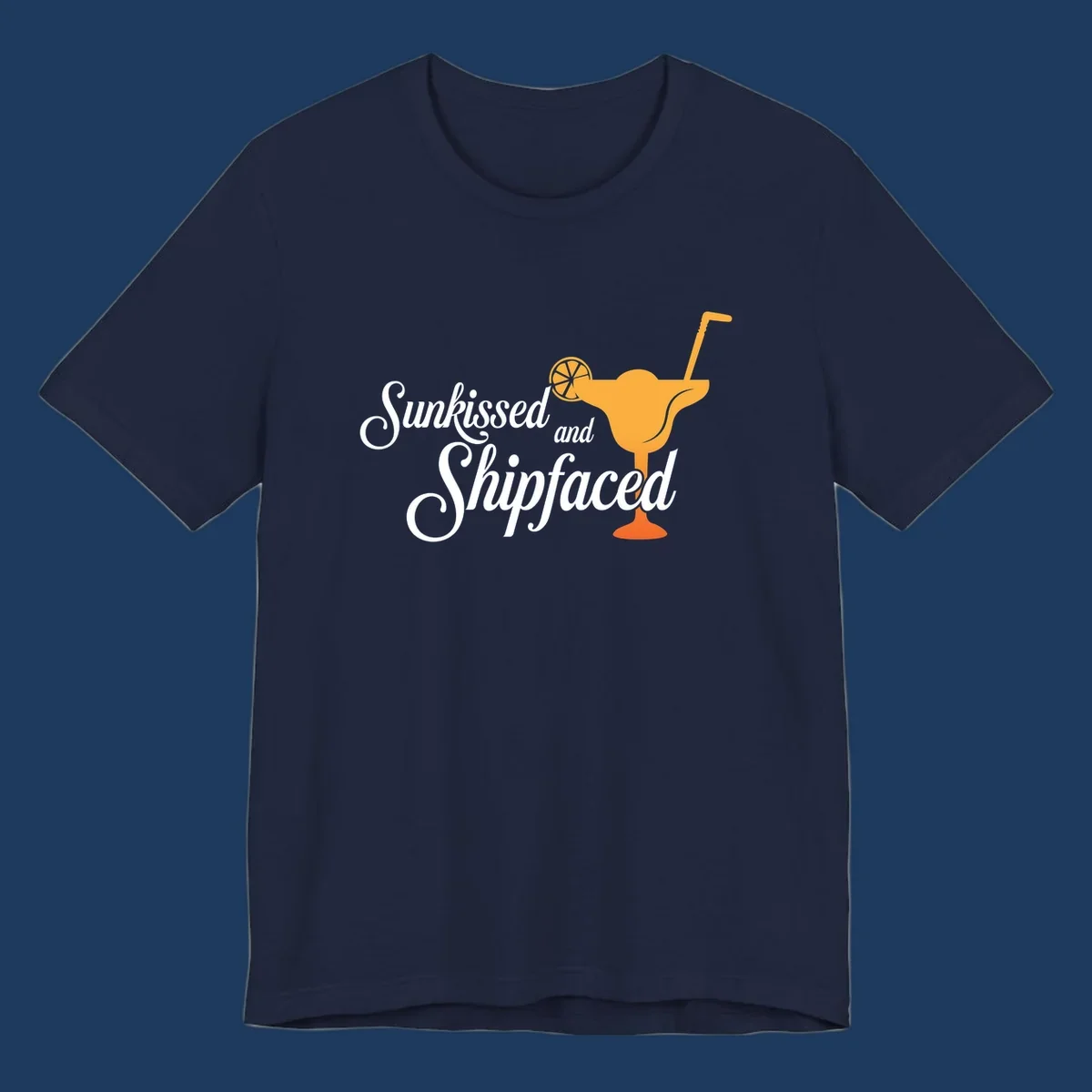 Sunkissed shipfaced cruise design with tropical cocktail illustration and script text on gray background