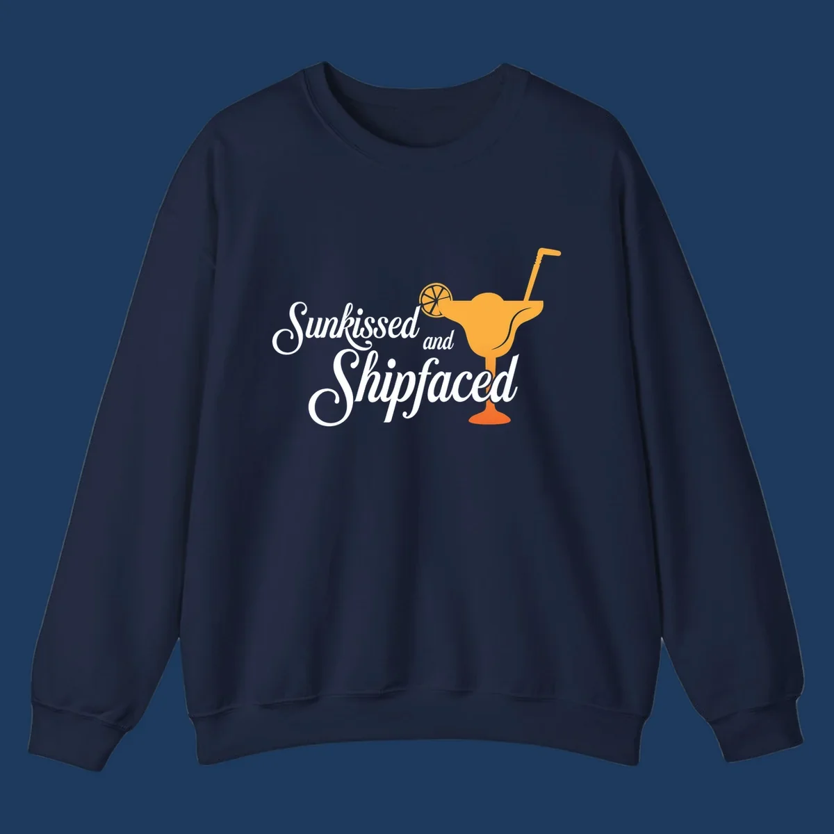 Sunkissed shipfaced cruise design with tropical cocktail illustration and script text on gray background