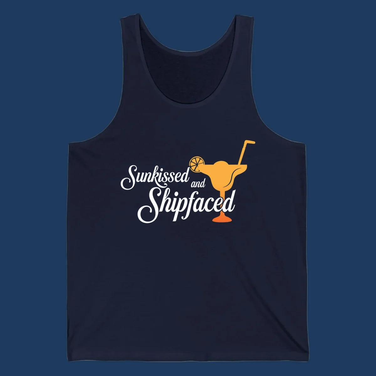 Sunkissed shipfaced cruise design with tropical cocktail illustration and script text on gray background